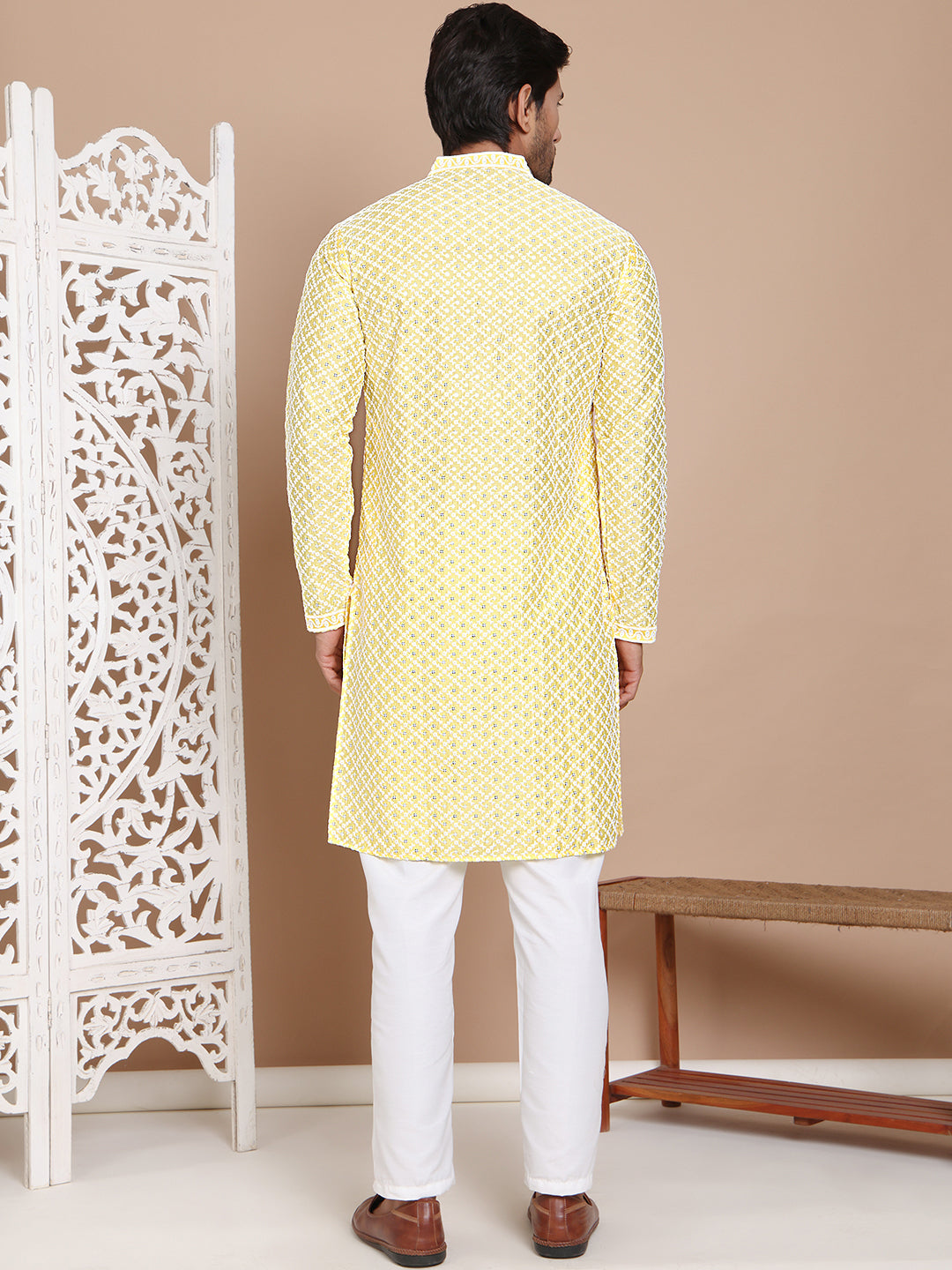 Sequin Chikankari Front Open Kurta With Pyjamas ( JOKP P 5029Yellow )