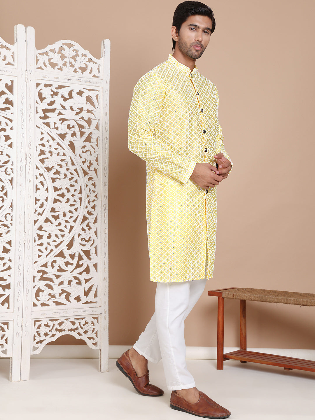 Sequin Chikankari Front Open Kurta With Pyjamas ( JOKP P 5029Yellow )