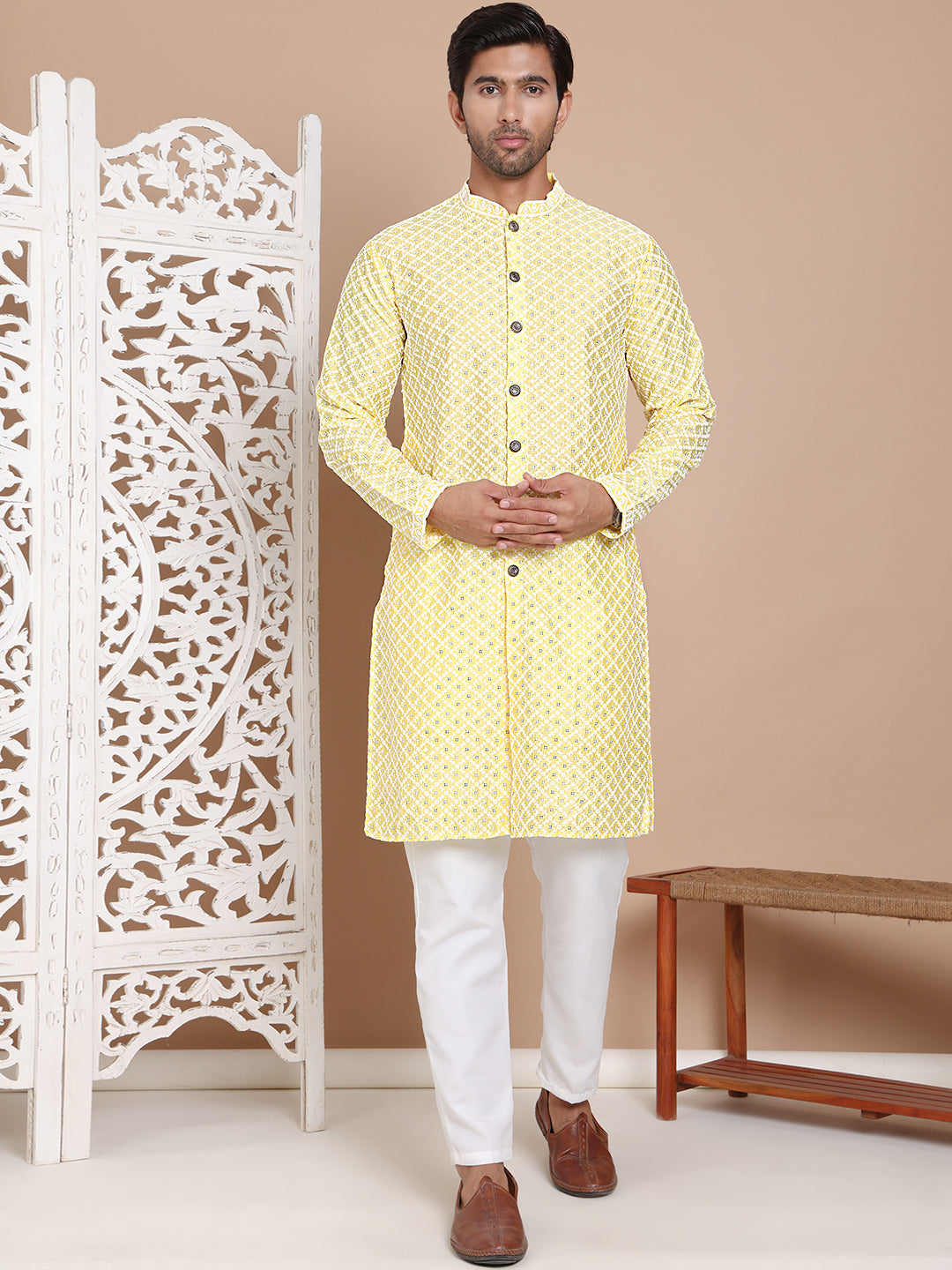 Sequin Chikankari Front Open Kurta With Pyjamas ( JOKP P 5029Yellow )