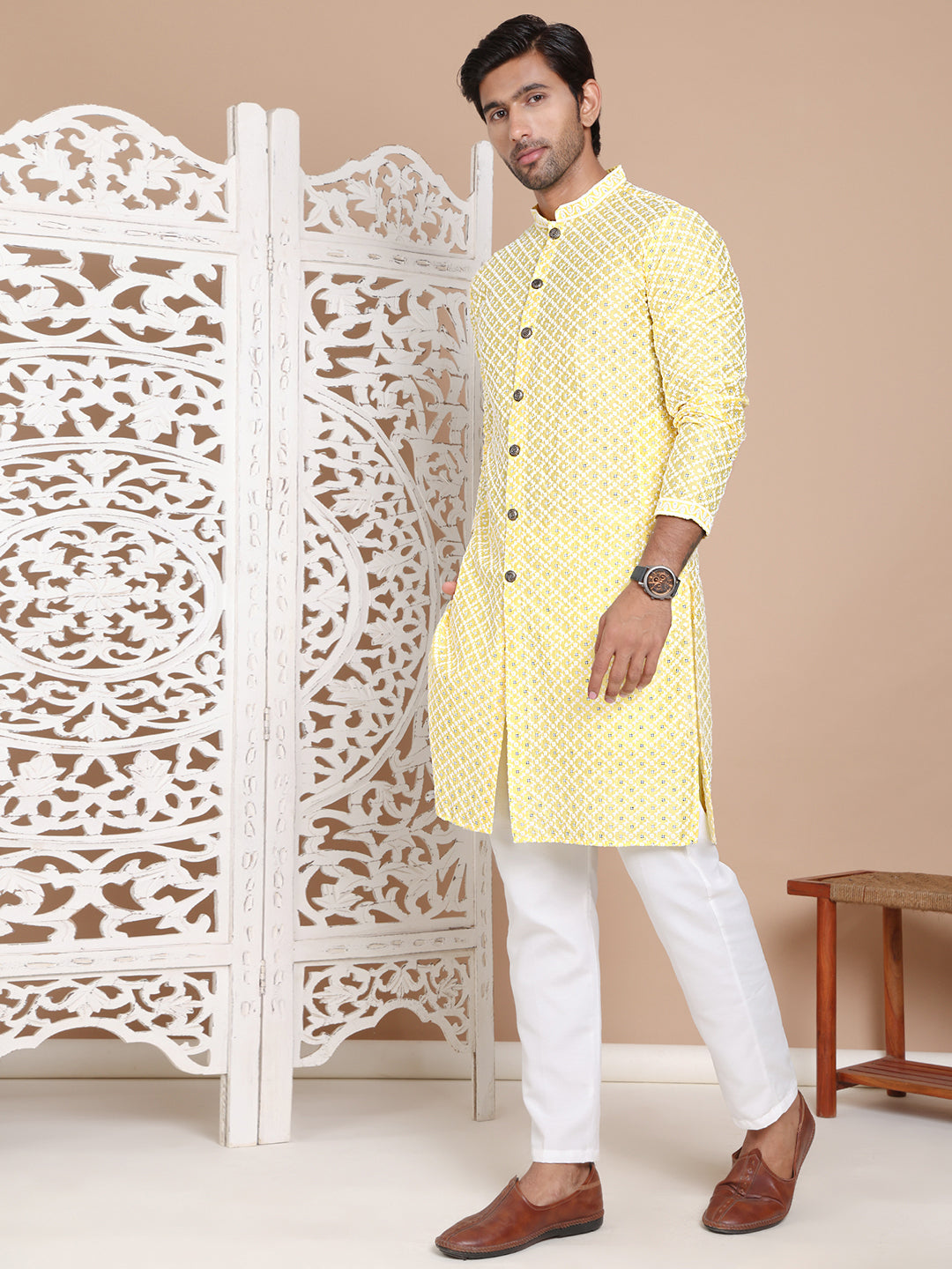 Sequin Chikankari Front Open Kurta With Pyjamas ( JOKP P 5029Yellow )