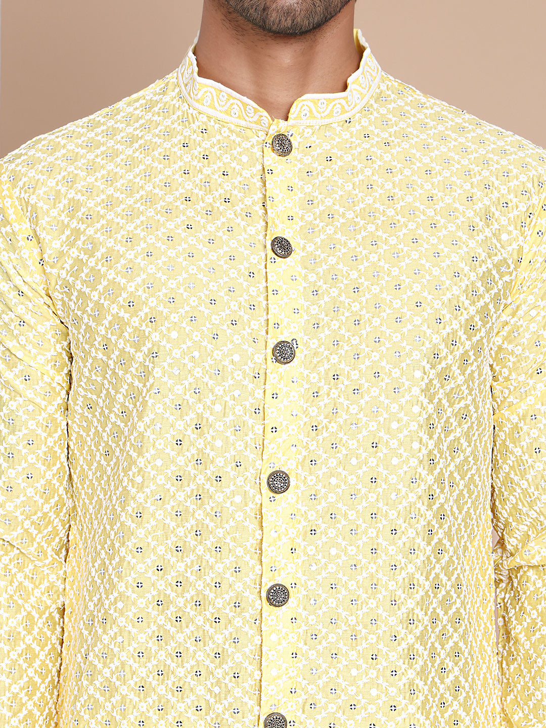 Sequin Chikankari Front Open Kurta With Pyjamas ( JOKP P 5029Yellow )