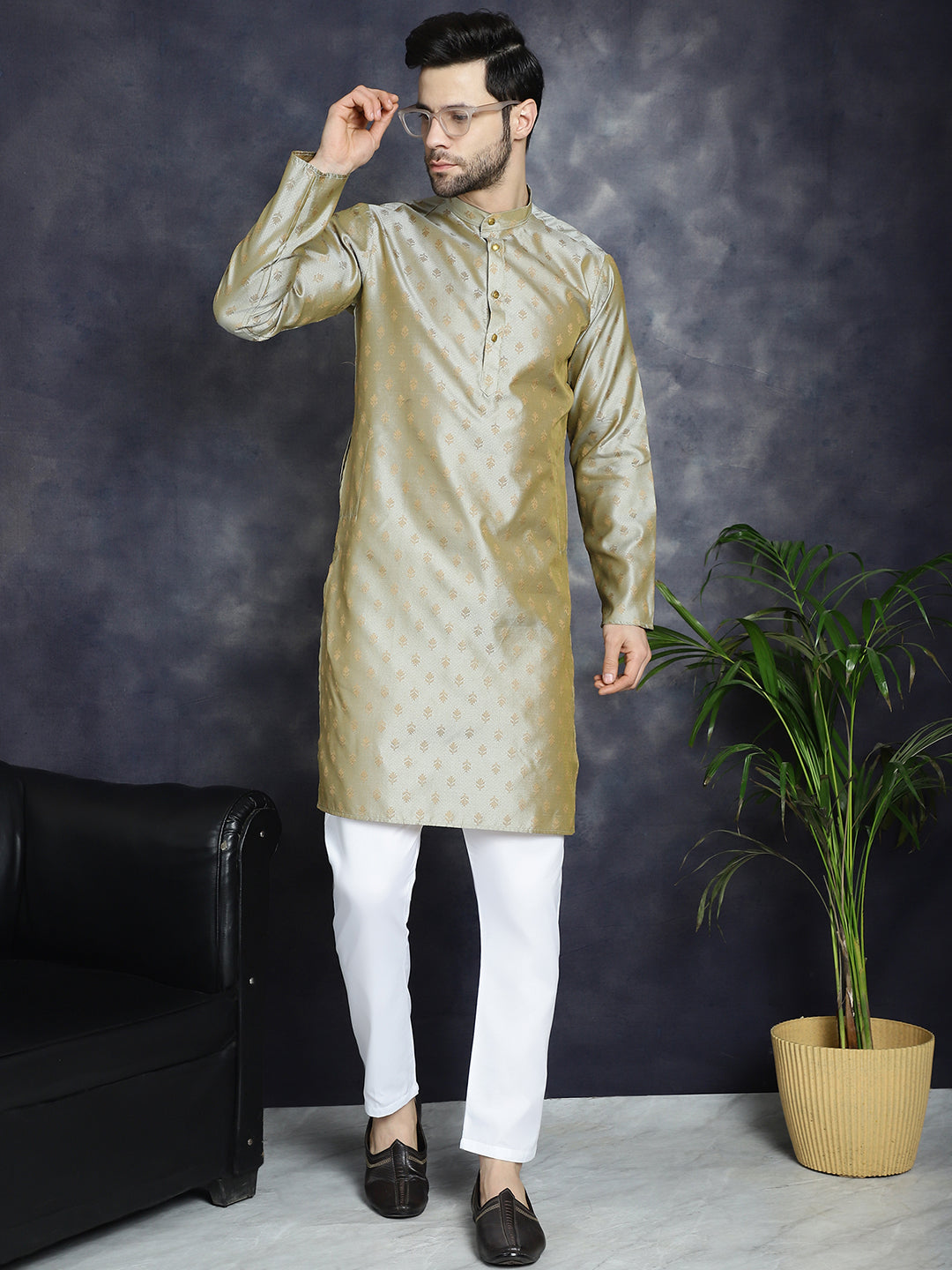 Woven Design Silk Blend Kurta with Pyjama ( JOKP P 5032Pista )