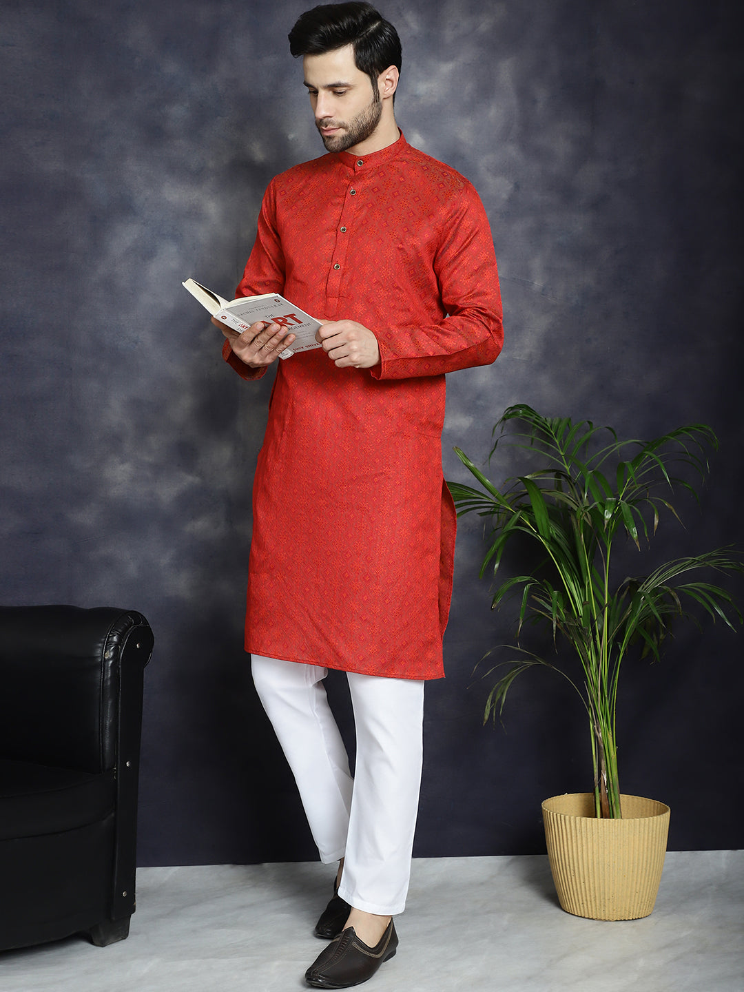 Red Woven Design Kurta with Pyjama ( JOKP P 5034Red )