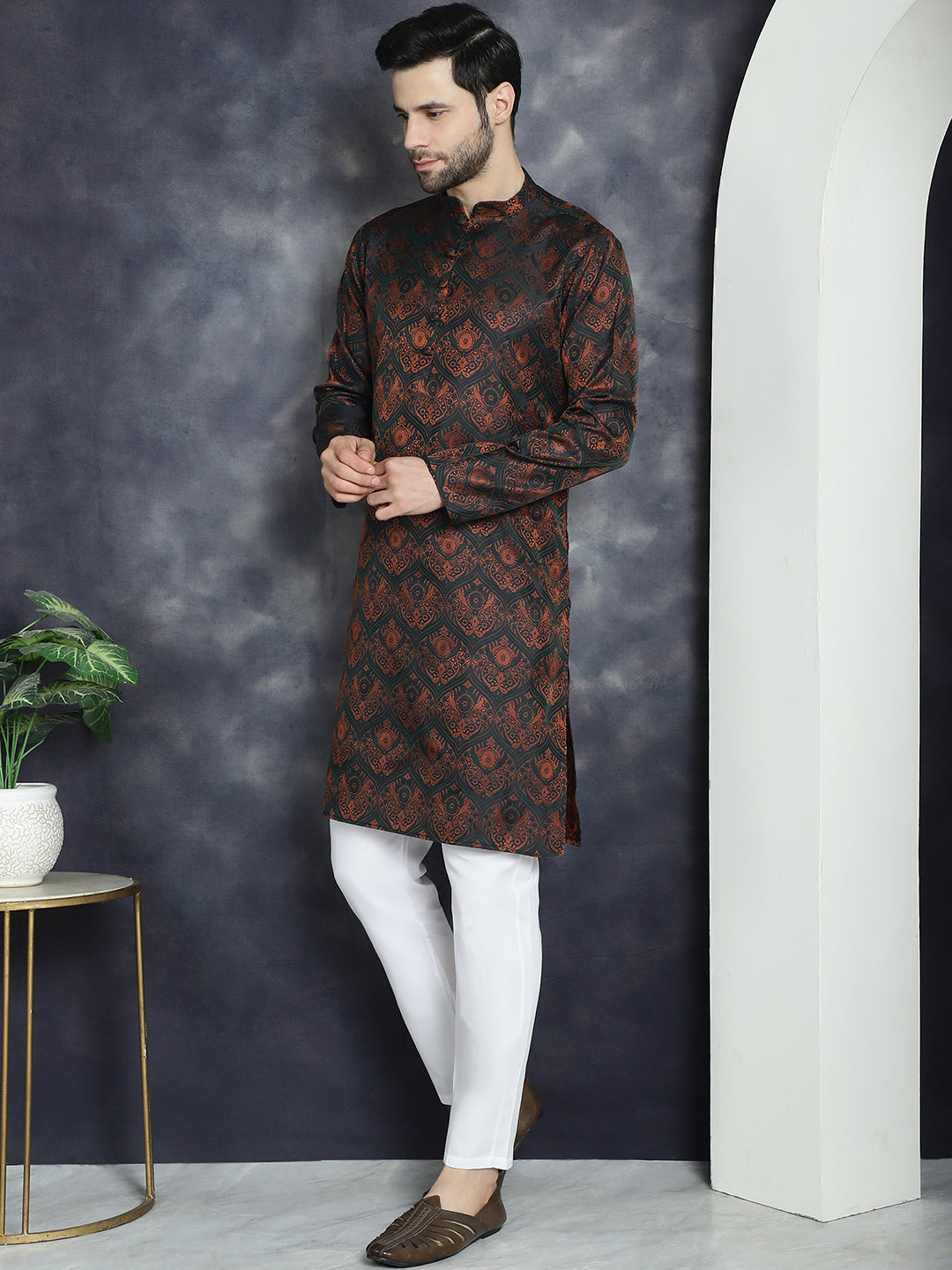 Men Bronze Silk Blend Straight Kurta Pyjama Set ( JOKP P 5043Bronze )