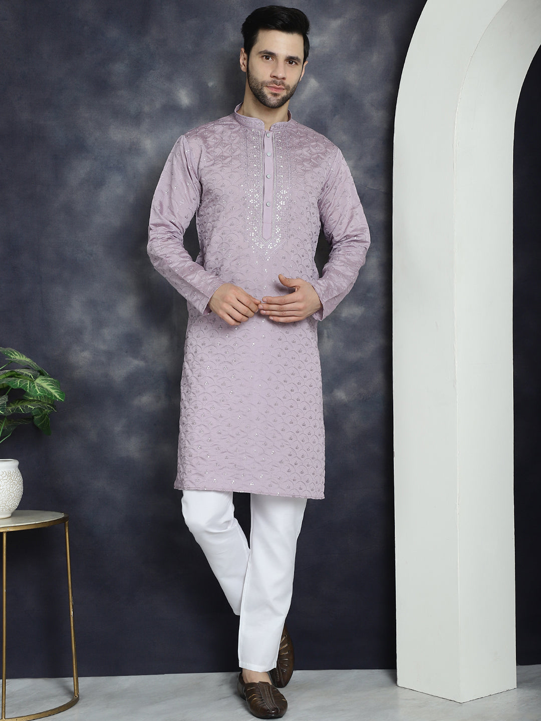 Men's Sequins Embroidered Kurta With Pyjama ( JOKP P 5044Purple )