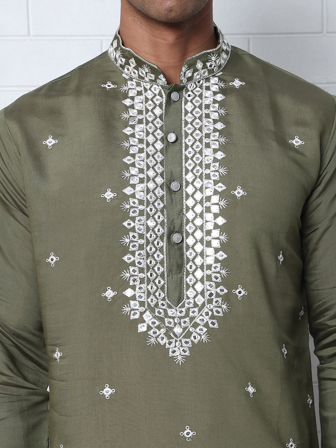 Men's Embroidered Kurta With Pyjama ( JOKP P 5045 P 5045Olive )