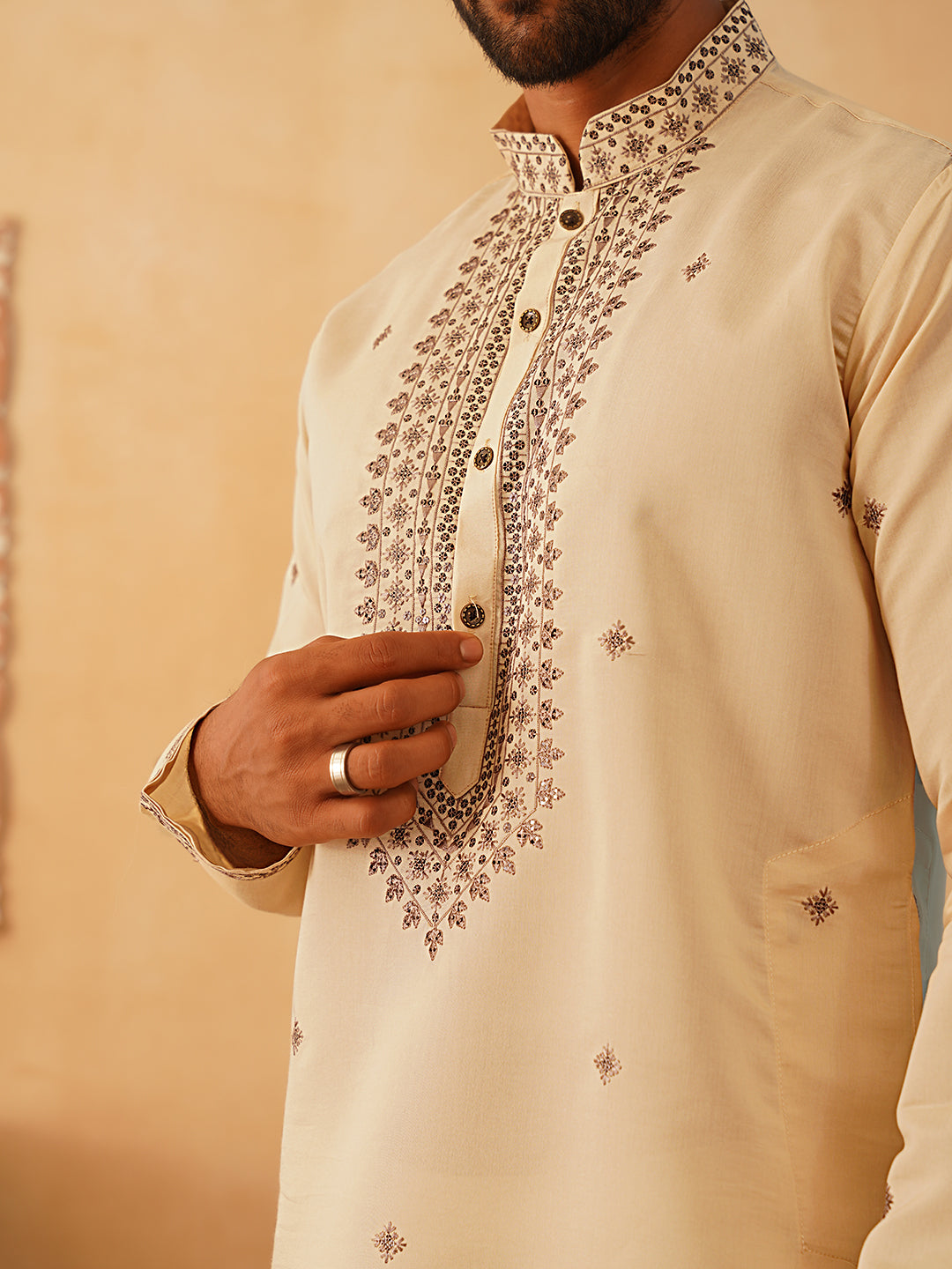 Men's Sequins Embroidered Kurta With Pyjama ( JOKP P 5046Cream )