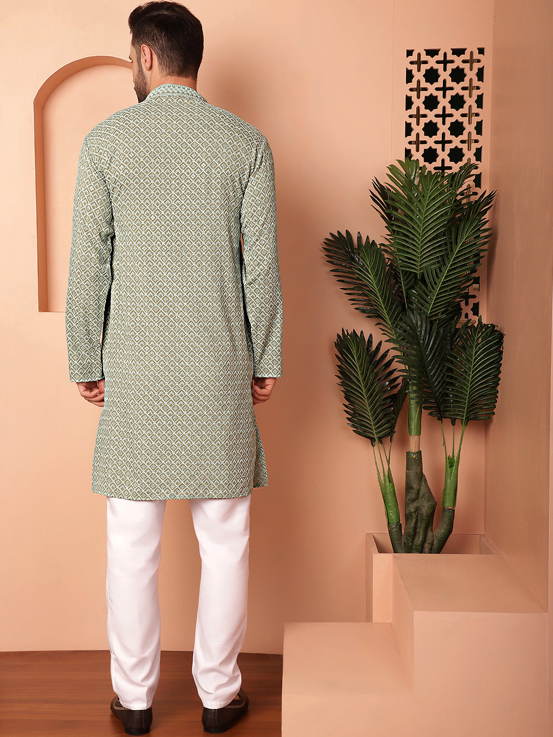 Men's Green Embroidered and Sequence Kurta with Pyjama