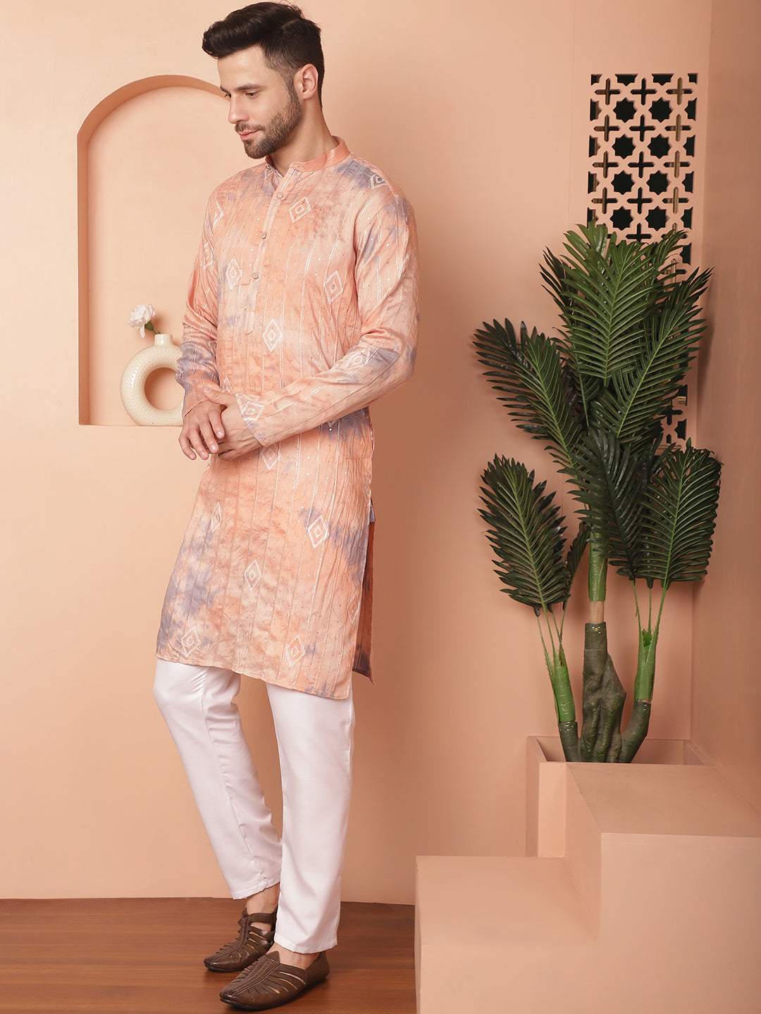 Men's Peach Tei-Dye Printed Kurta Pyjama Set