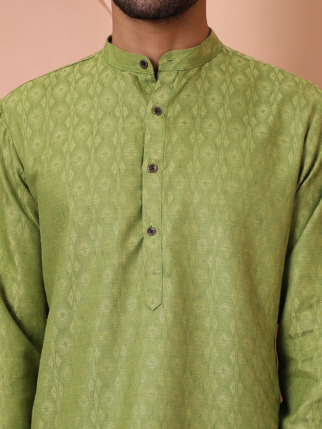 Men Green Woven Design Cotton Kurtas