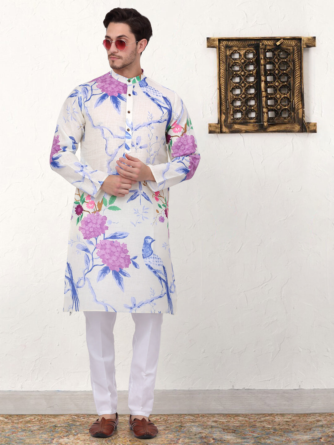 Men's Animal Printed Pure Cotton Straight Kurta Pyjama Set