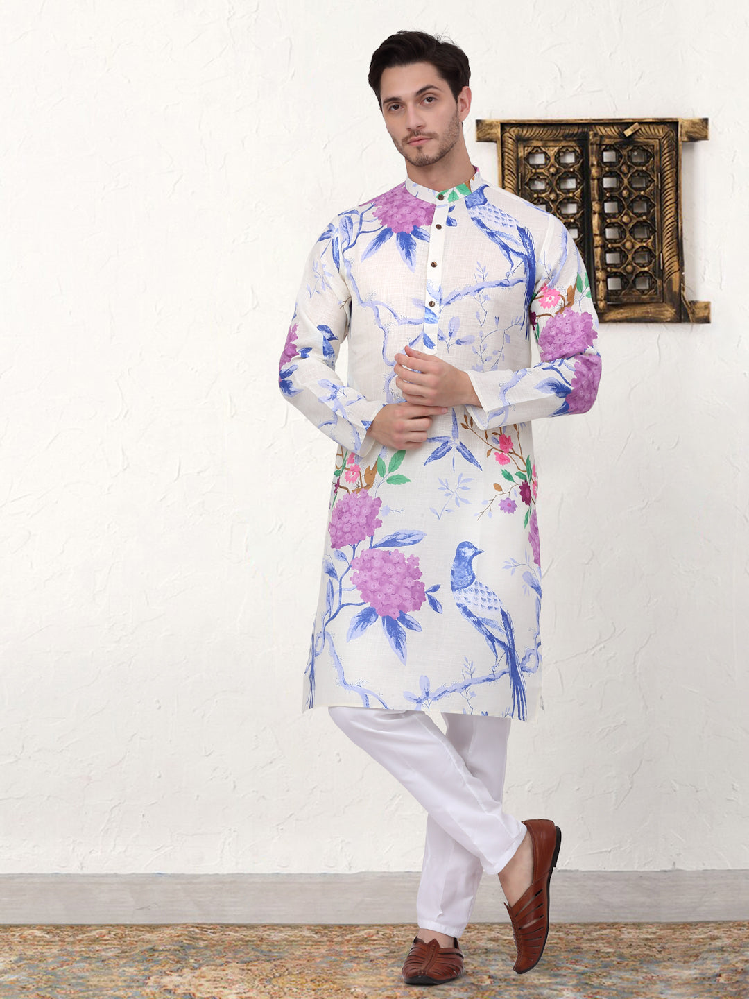 Men's Animal Printed Pure Cotton Straight Kurta Pyjama Set