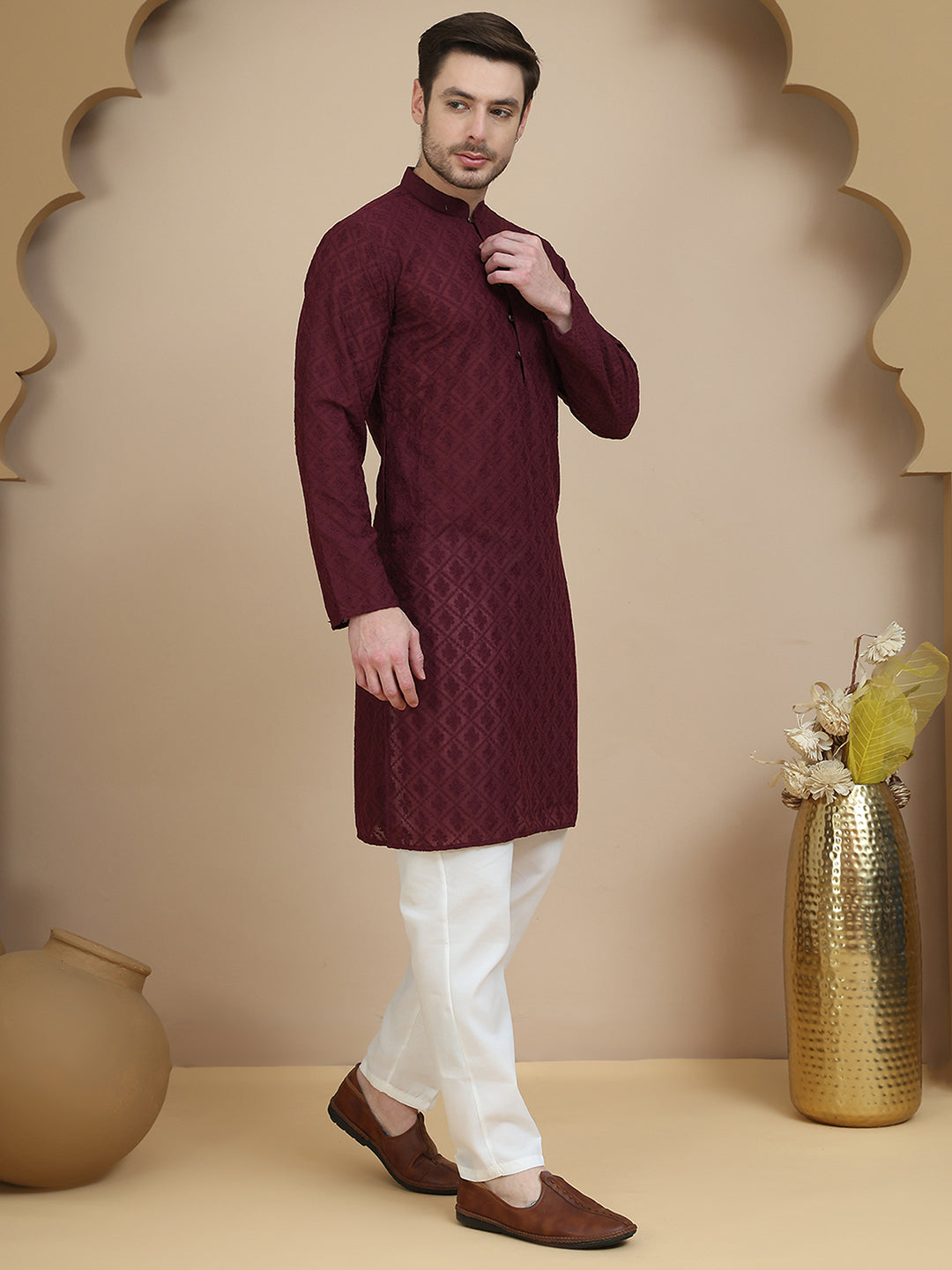 Embroidered Cotton Kurta with Pyjama ( JOKP P 5099 Purple )