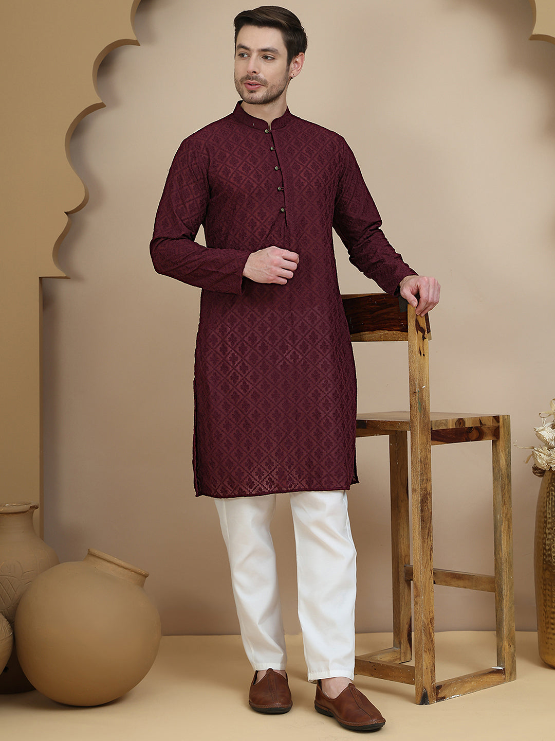 Embroidered Cotton Kurta with Pyjama ( JOKP P 5099 Purple )