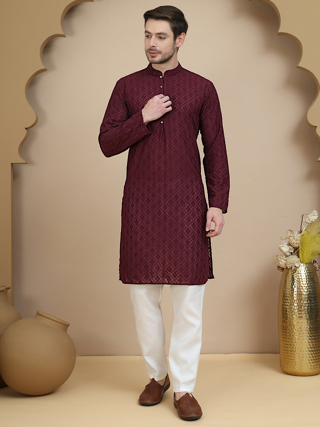 Embroidered Cotton Kurta with Pyjama ( JOKP P 5099 Purple )