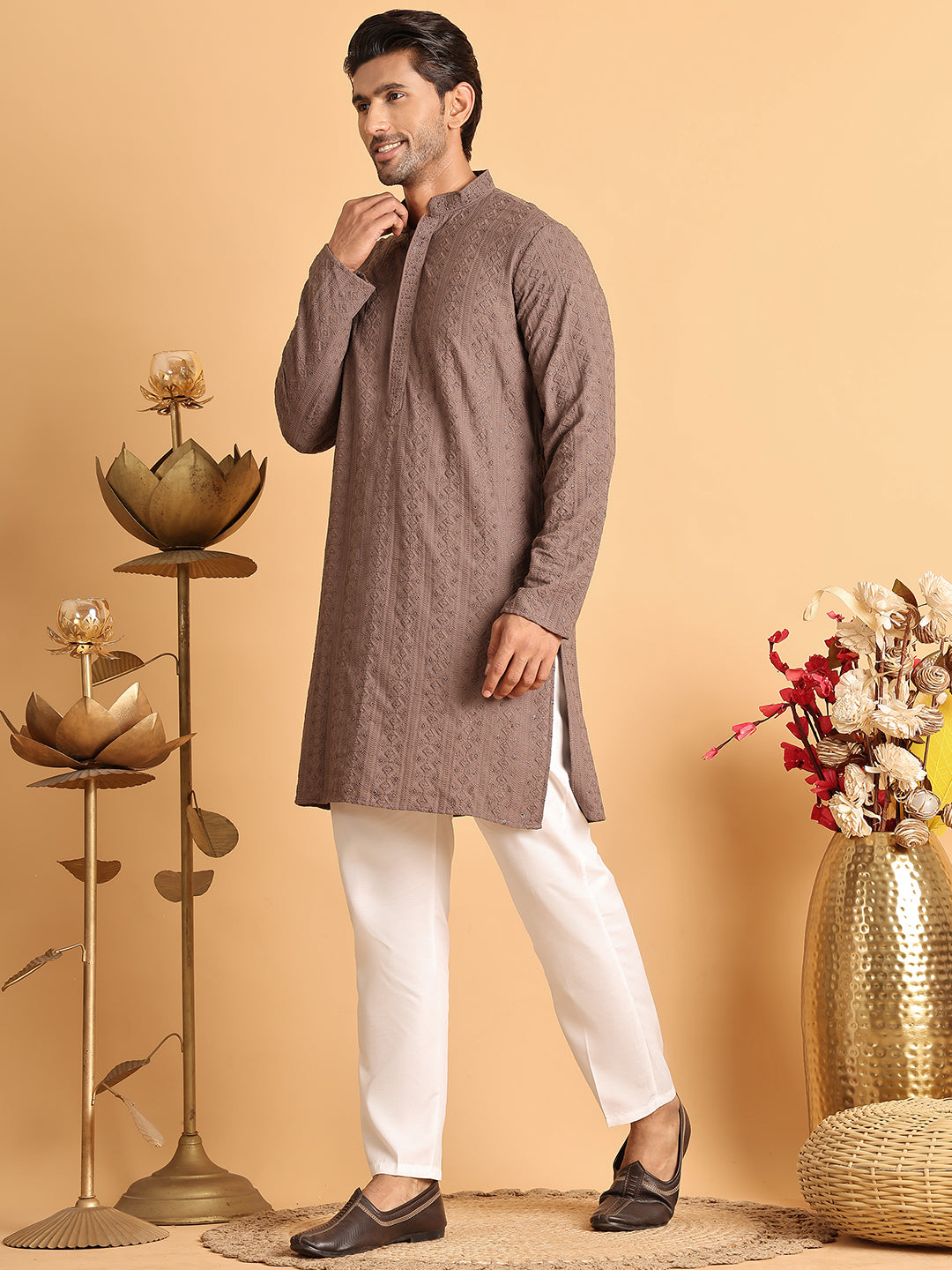 Embroidered & Sequins Straight Kurta Set For Men ( JOKP P 5116Coffee )