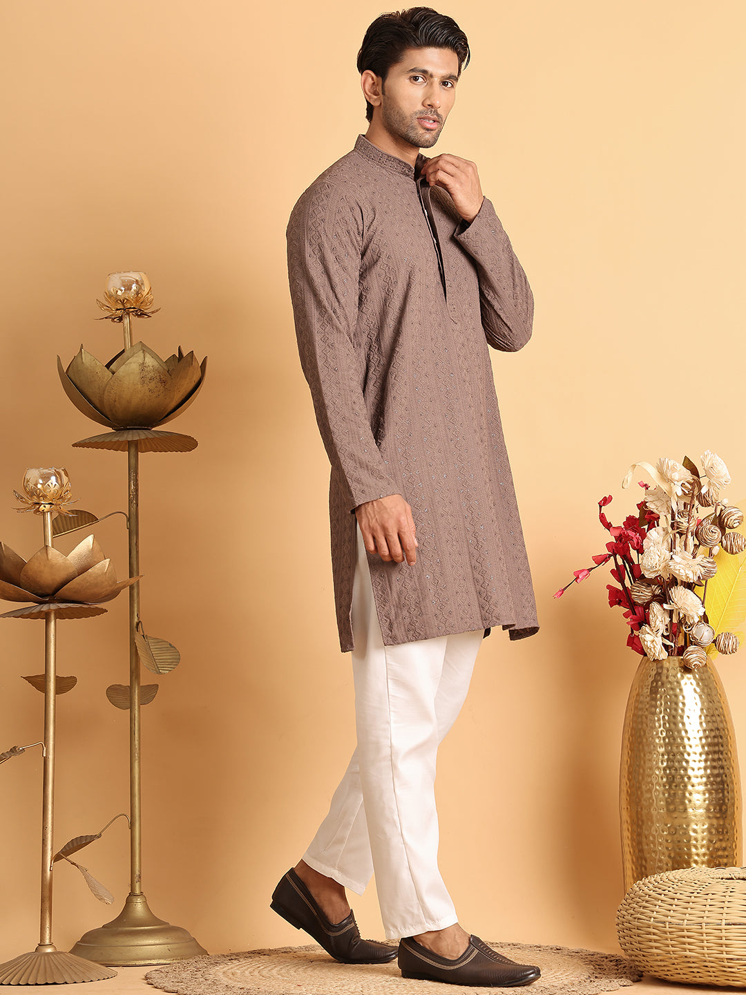Embroidered & Sequins Straight Kurta Set For Men ( JOKP P 5116Coffee )