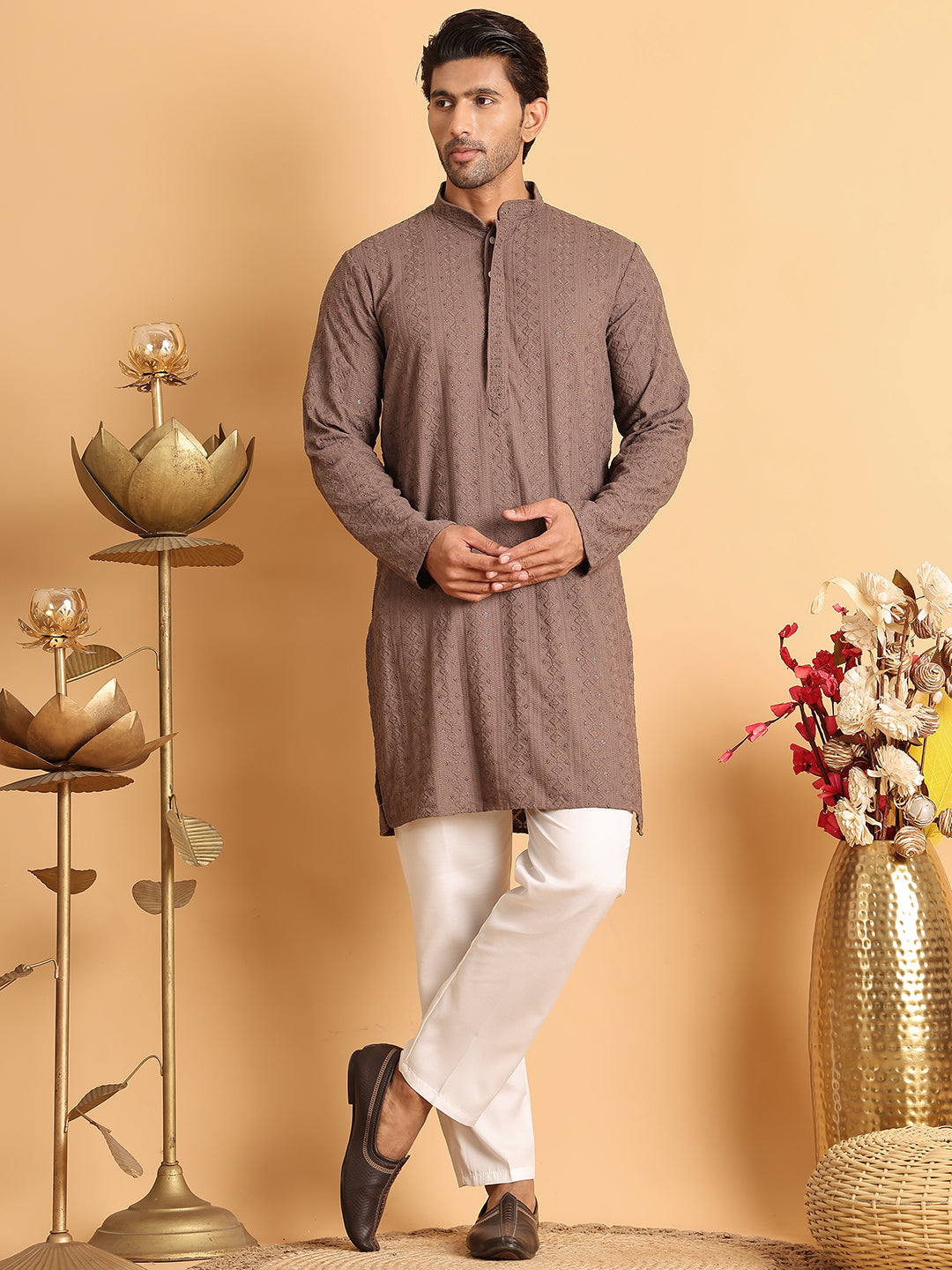 Embroidered & Sequins Straight Kurta Set For Men ( JOKP P 5116Coffee )