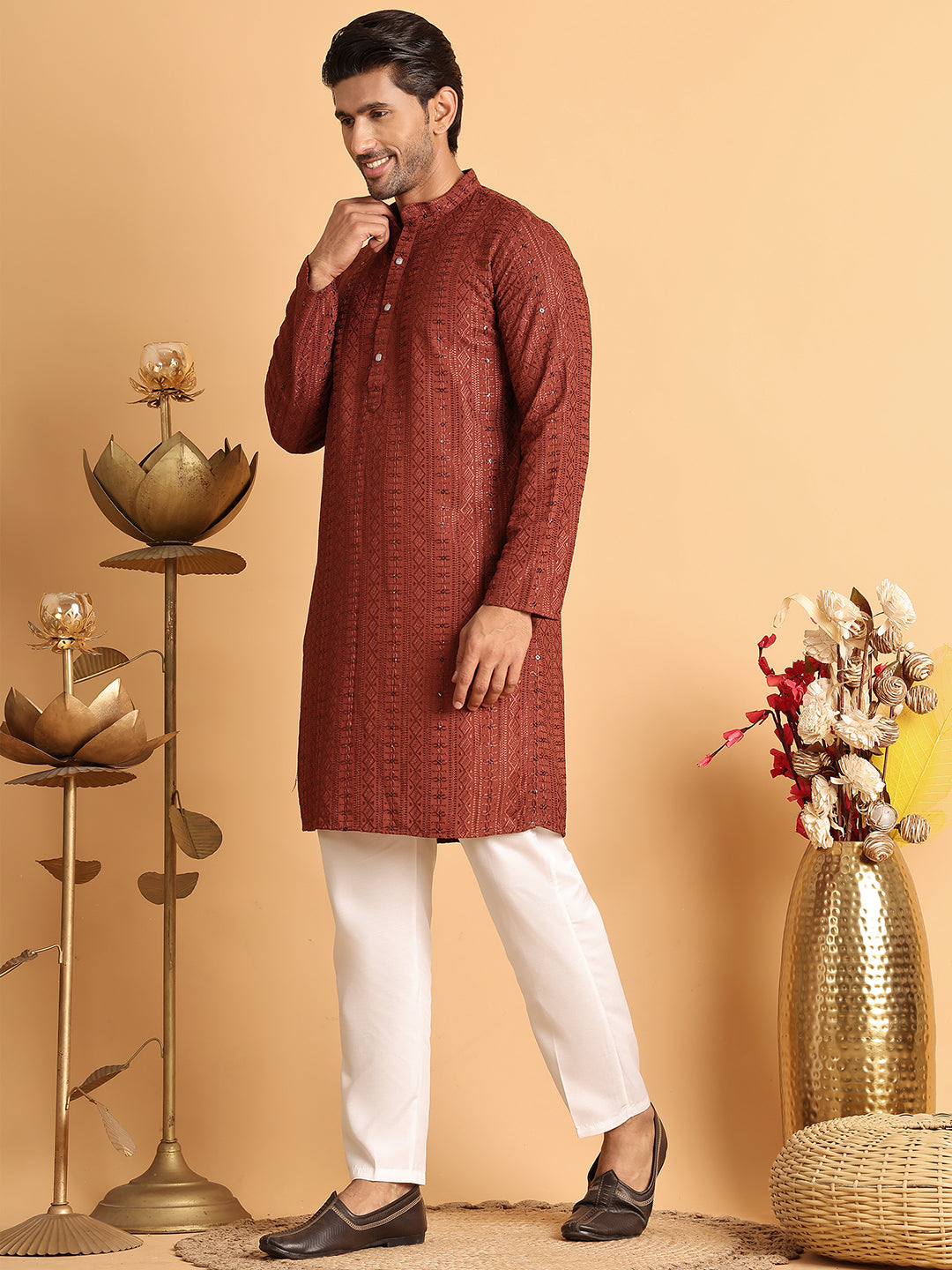 Embroidered Straight Kurta Set For Men ( JOKP P 5118Rust )