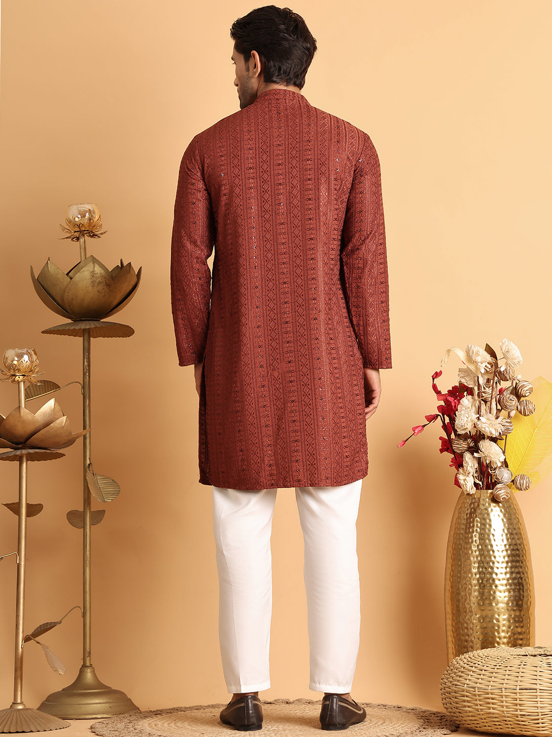 Embroidered Straight Kurta Set For Men ( JOKP P 5118Rust )