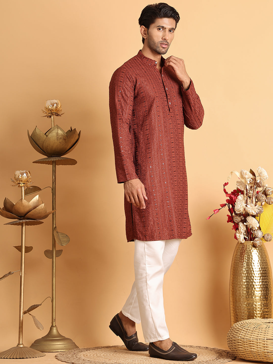 Embroidered Straight Kurta Set For Men ( JOKP P 5118Rust )