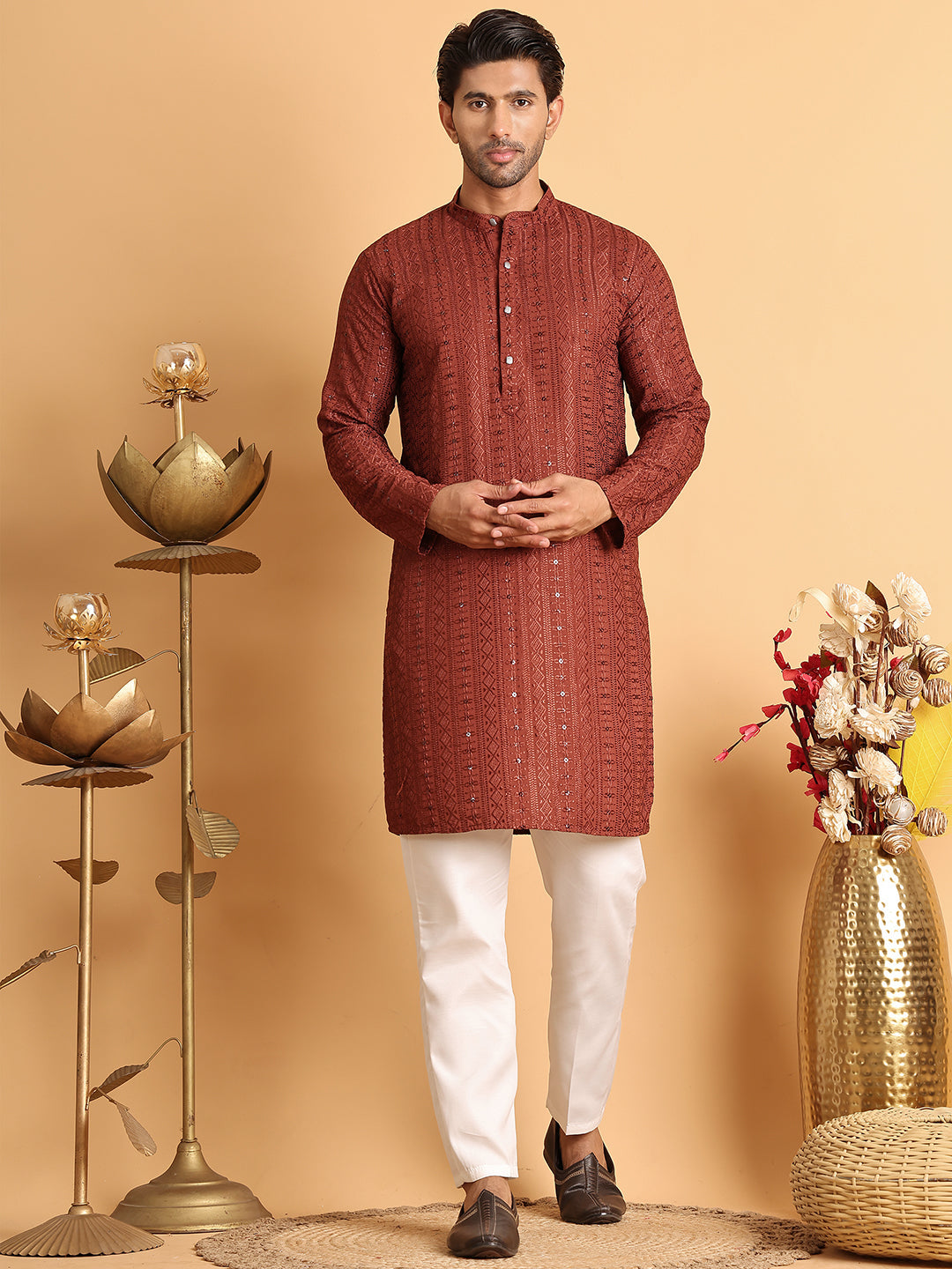 Embroidered Straight Kurta Set For Men ( JOKP P 5118Rust )