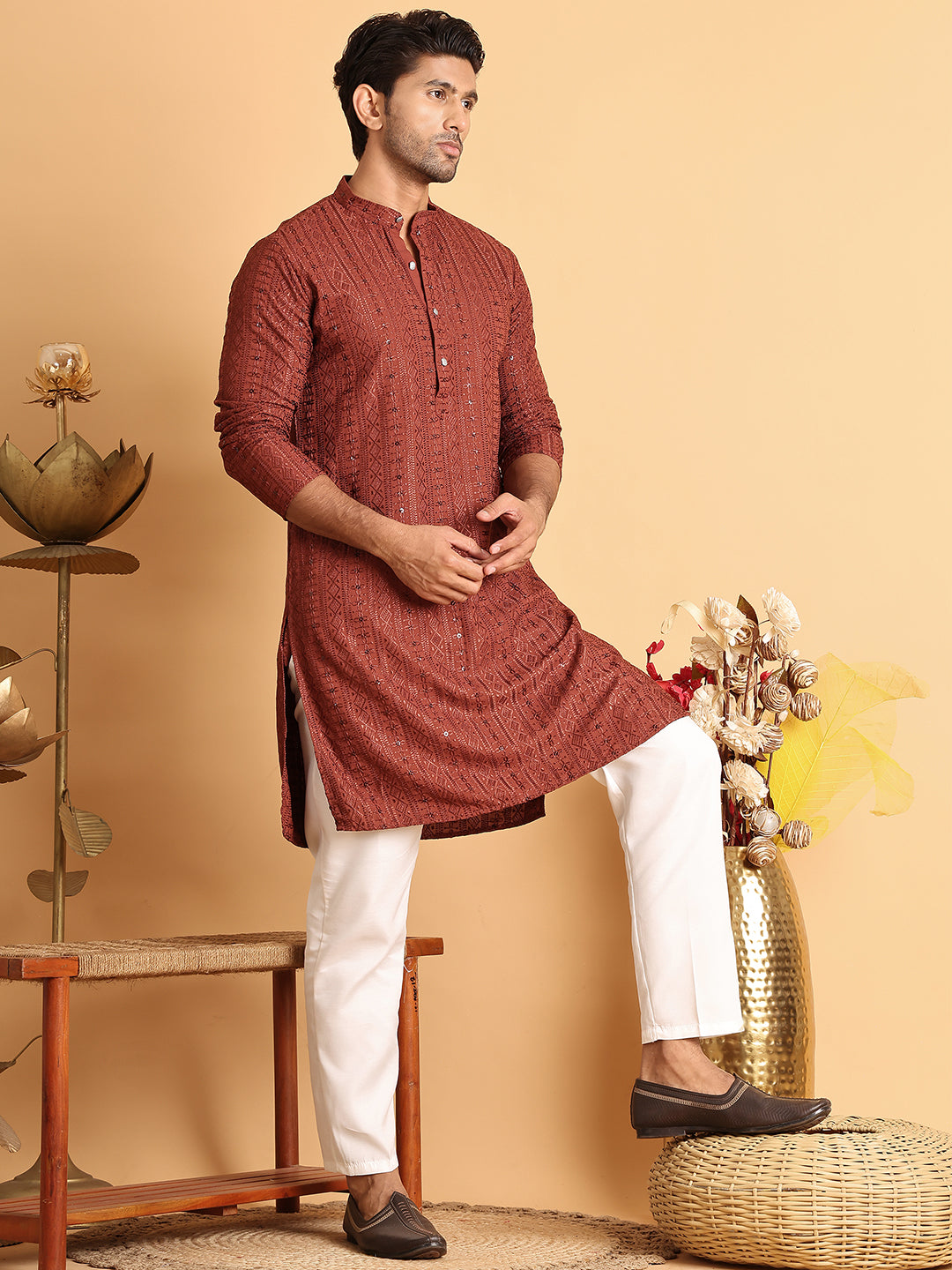 Embroidered Straight Kurta Set For Men ( JOKP P 5118Rust )