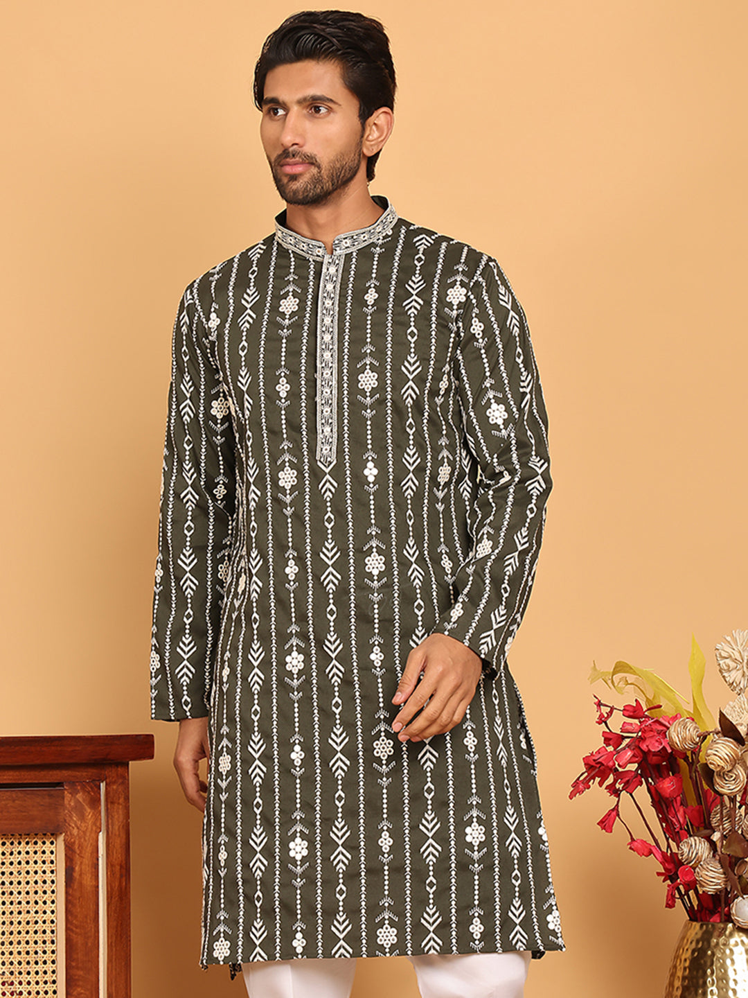 Embroidery and mirror work straight Kurta for Men ( KO 5190 Olive )
