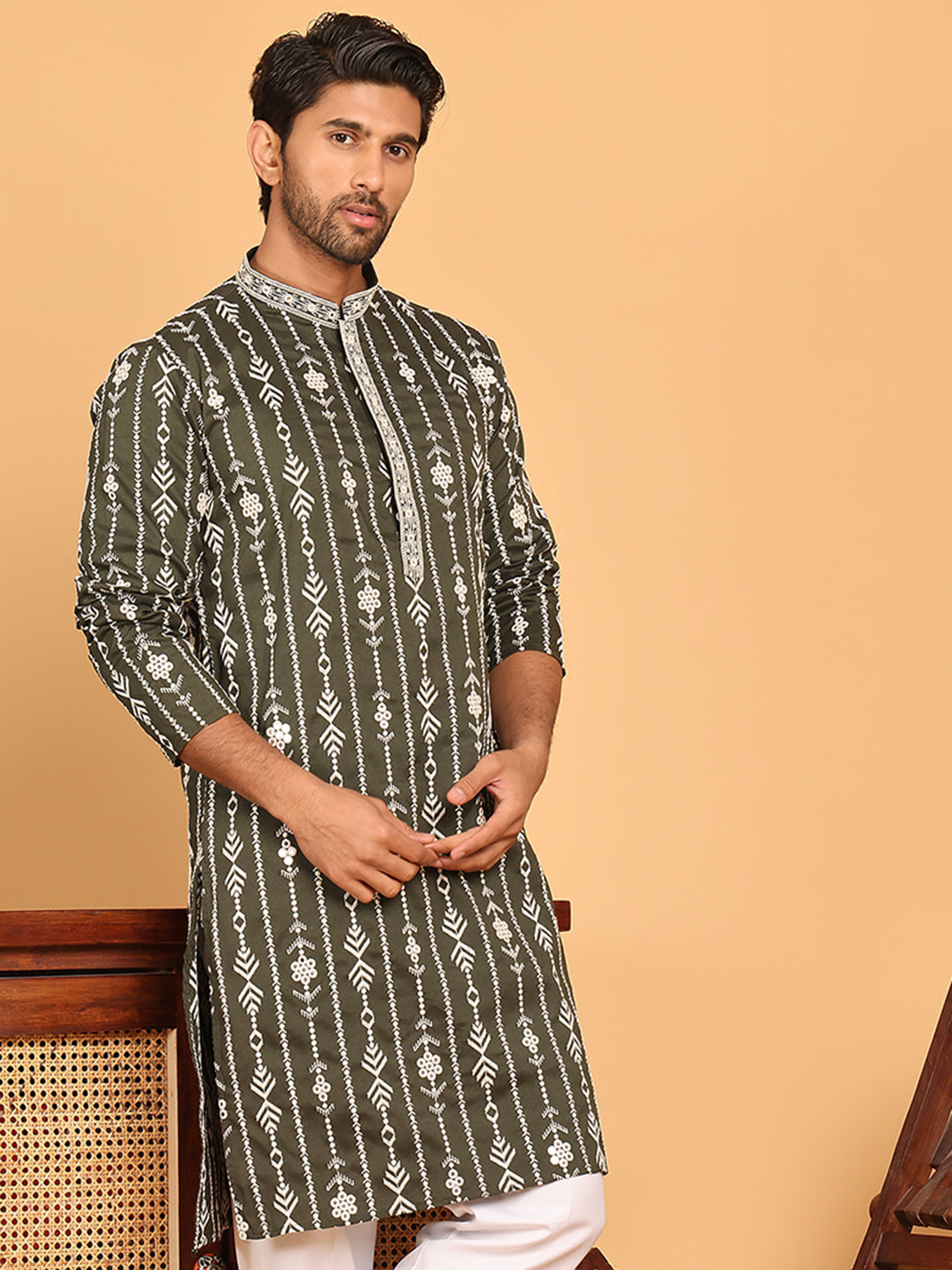 Embroidery and mirror work straight Kurta for Men ( KO 5190 Olive )