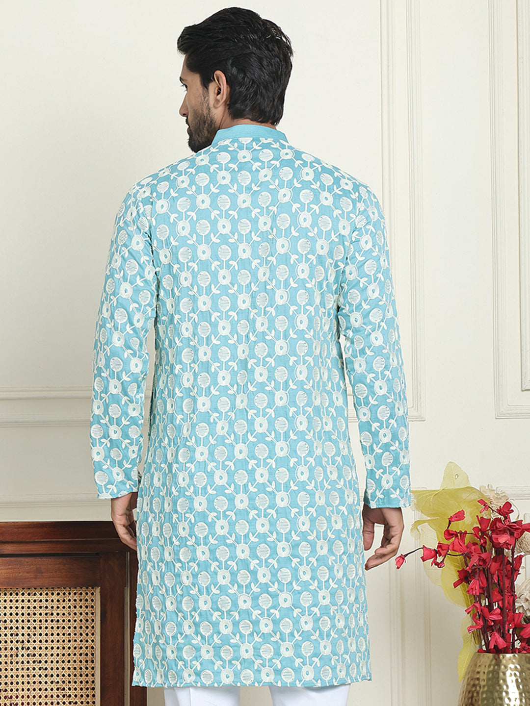 Embroidered Straight Kurtas For Men ( KO 5195 Blue )