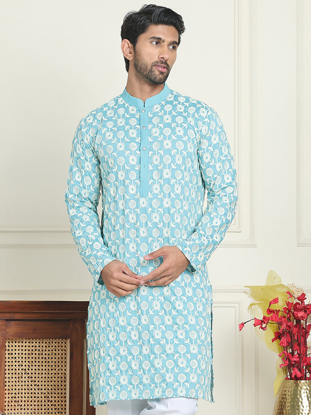 Embroidered Straight Kurtas For Men ( KO 5195 Blue )
