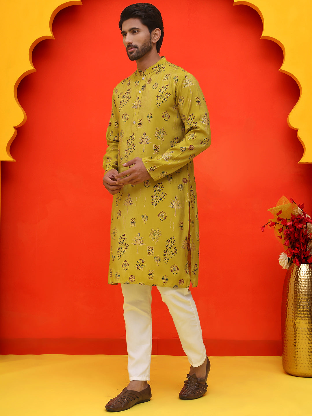 Printed Silk Blend Straight Kurta Set ( JOKP P 5218 Mustard )