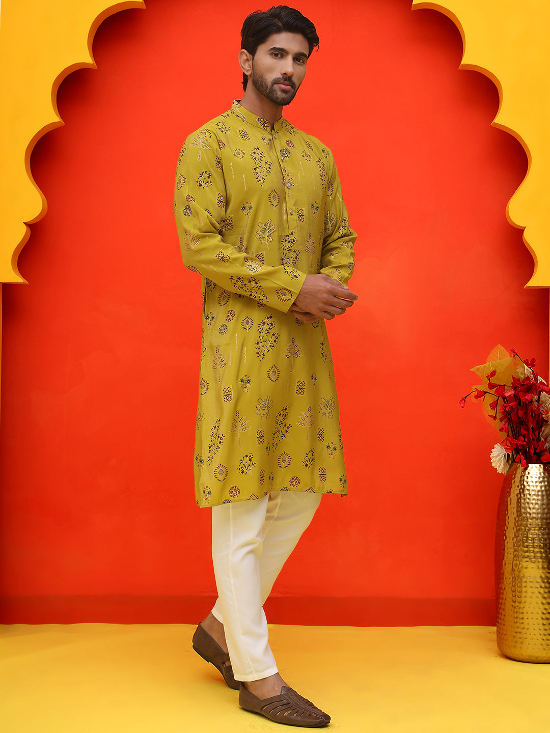 Printed Silk Blend Straight Kurta Set ( JOKP P 5218 Mustard )