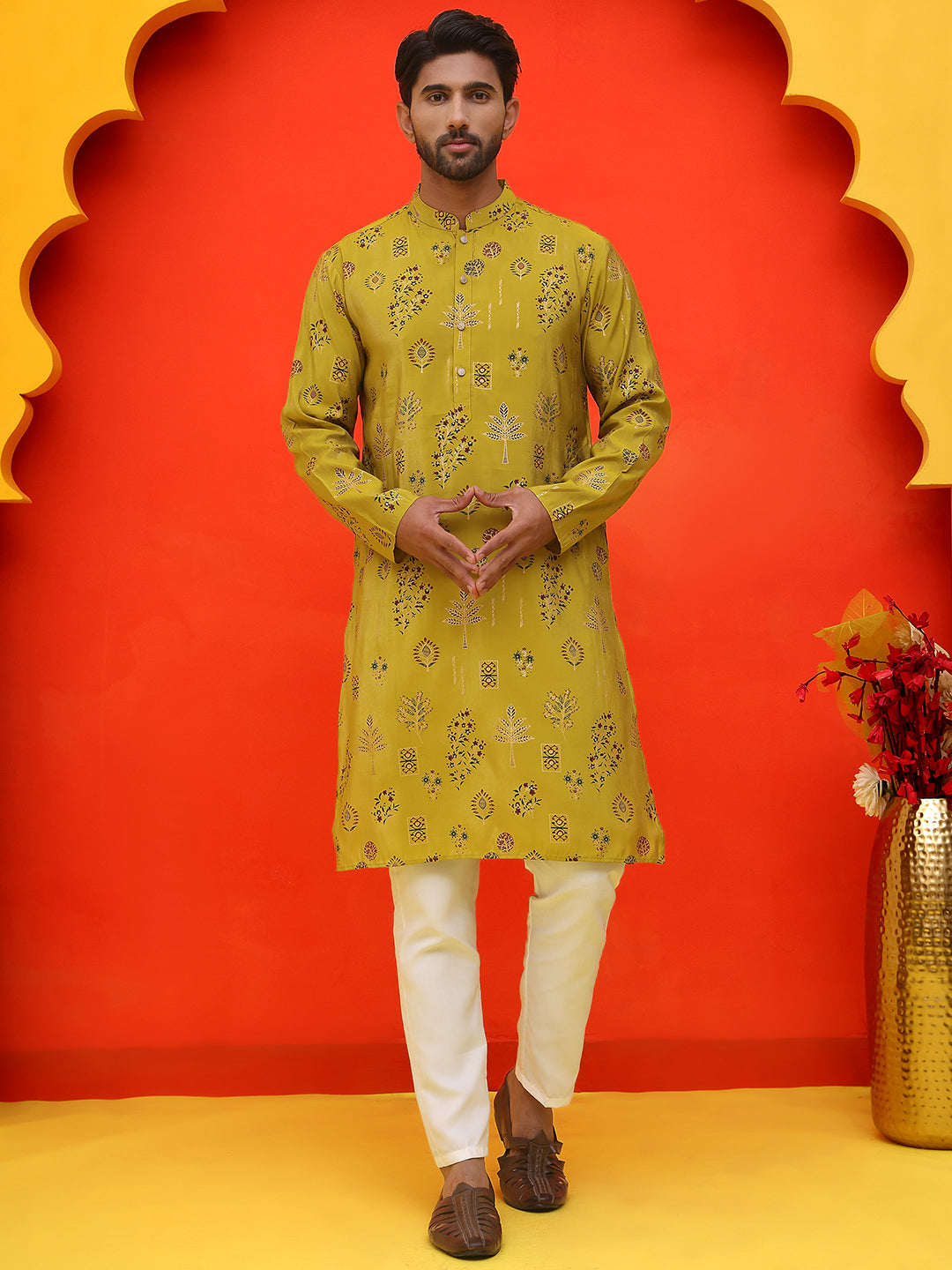 Printed Silk Blend Straight Kurta Set ( JOKP P 5218 Mustard )