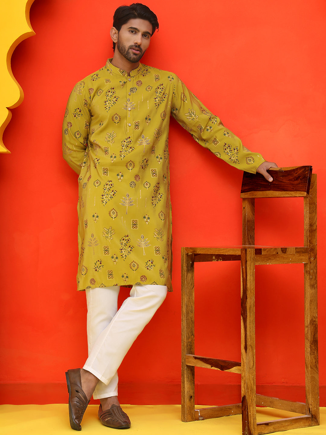 Printed Silk Blend Straight Kurta Set ( JOKP P 5218 Mustard )