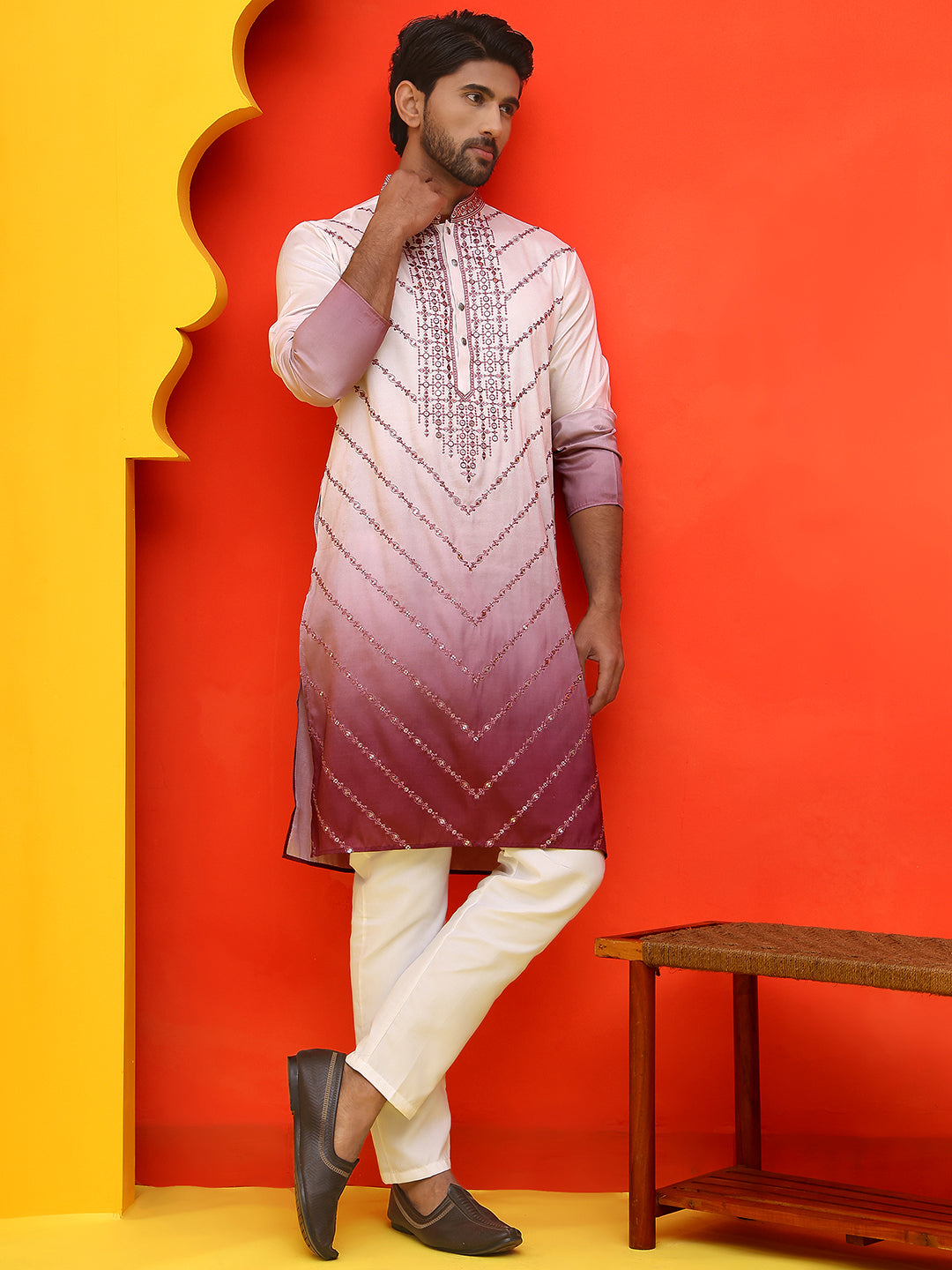 Ombre Printed & Embroidered Kurta Pyjama Set ( JOKP P 5224 Maroon )