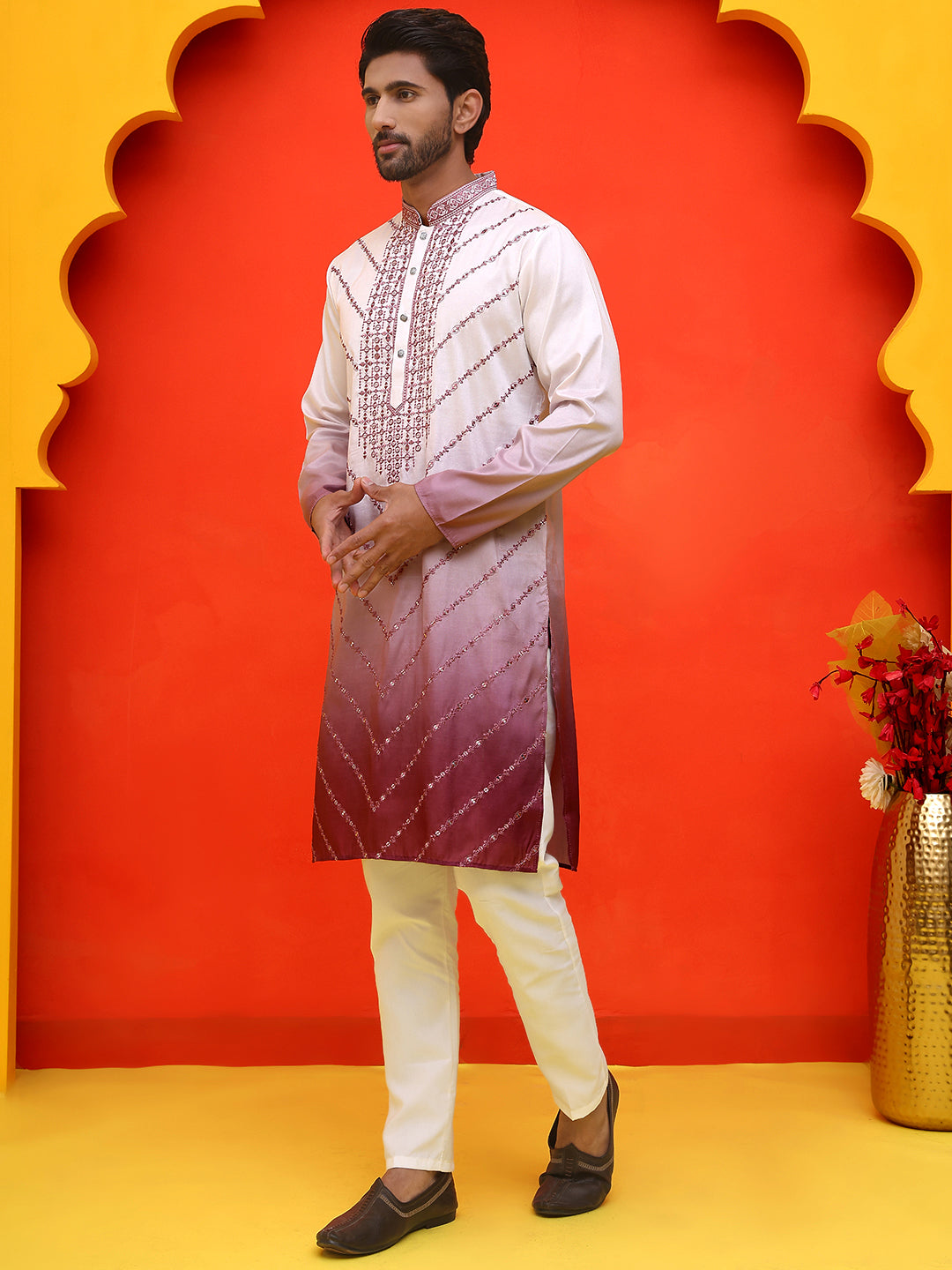 Ombre Printed & Embroidered Kurta Pyjama Set ( JOKP P 5224 Maroon )