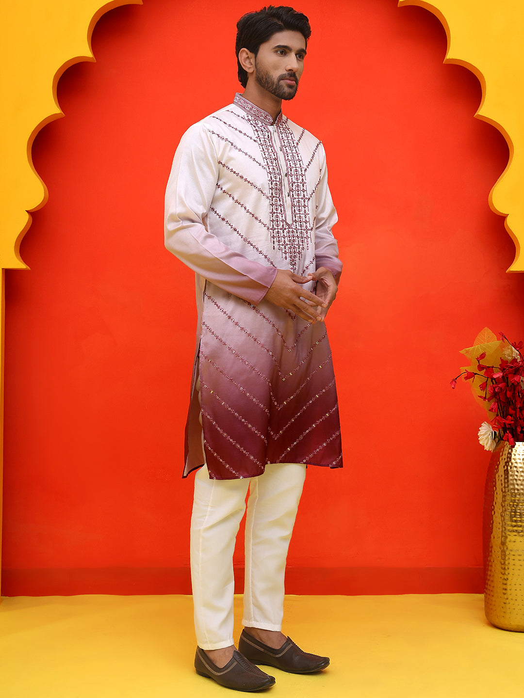 Ombre Printed & Embroidered Kurta Pyjama Set ( JOKP P 5224 Maroon )