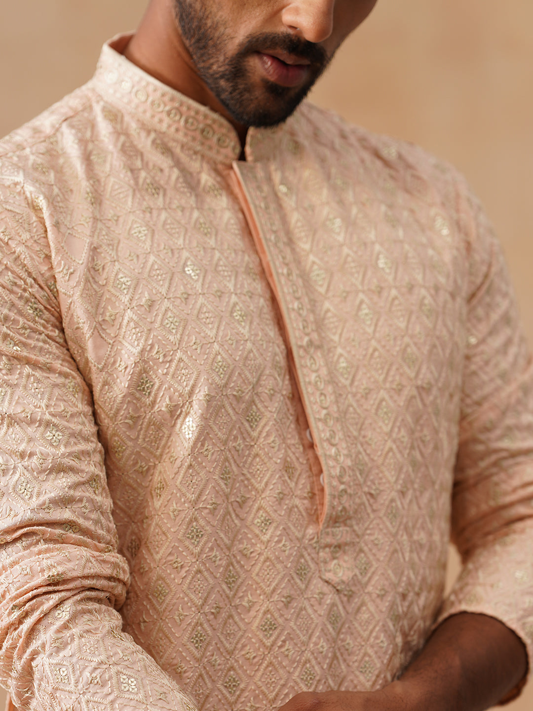 Men’s Festive Kurta with Intricate Embroidery ( KO 5293 Peach )