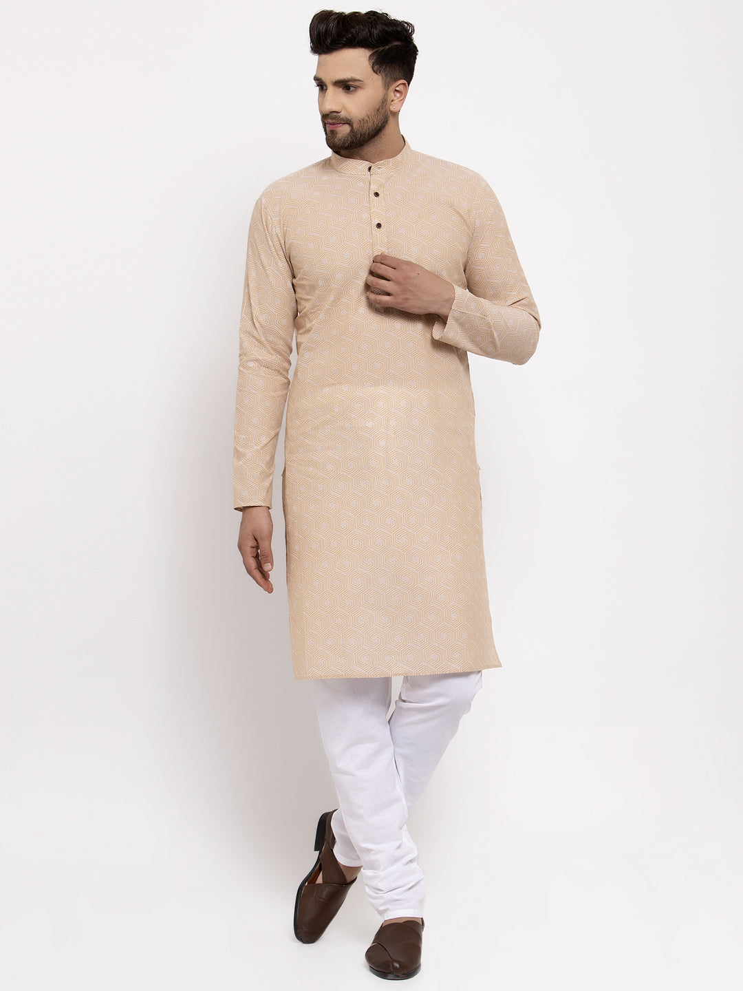 Jompers Men's Beige Cotton Printed Kurta Only ( KO 604Beige )