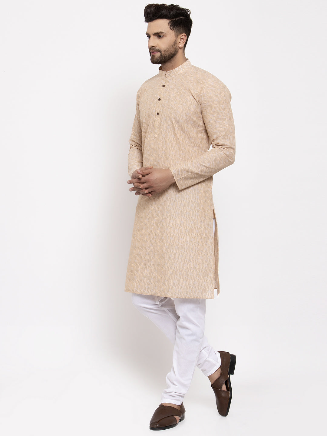Jompers Men's Beige Cotton Printed Kurta Payjama Set ( JOKP 604Beige )