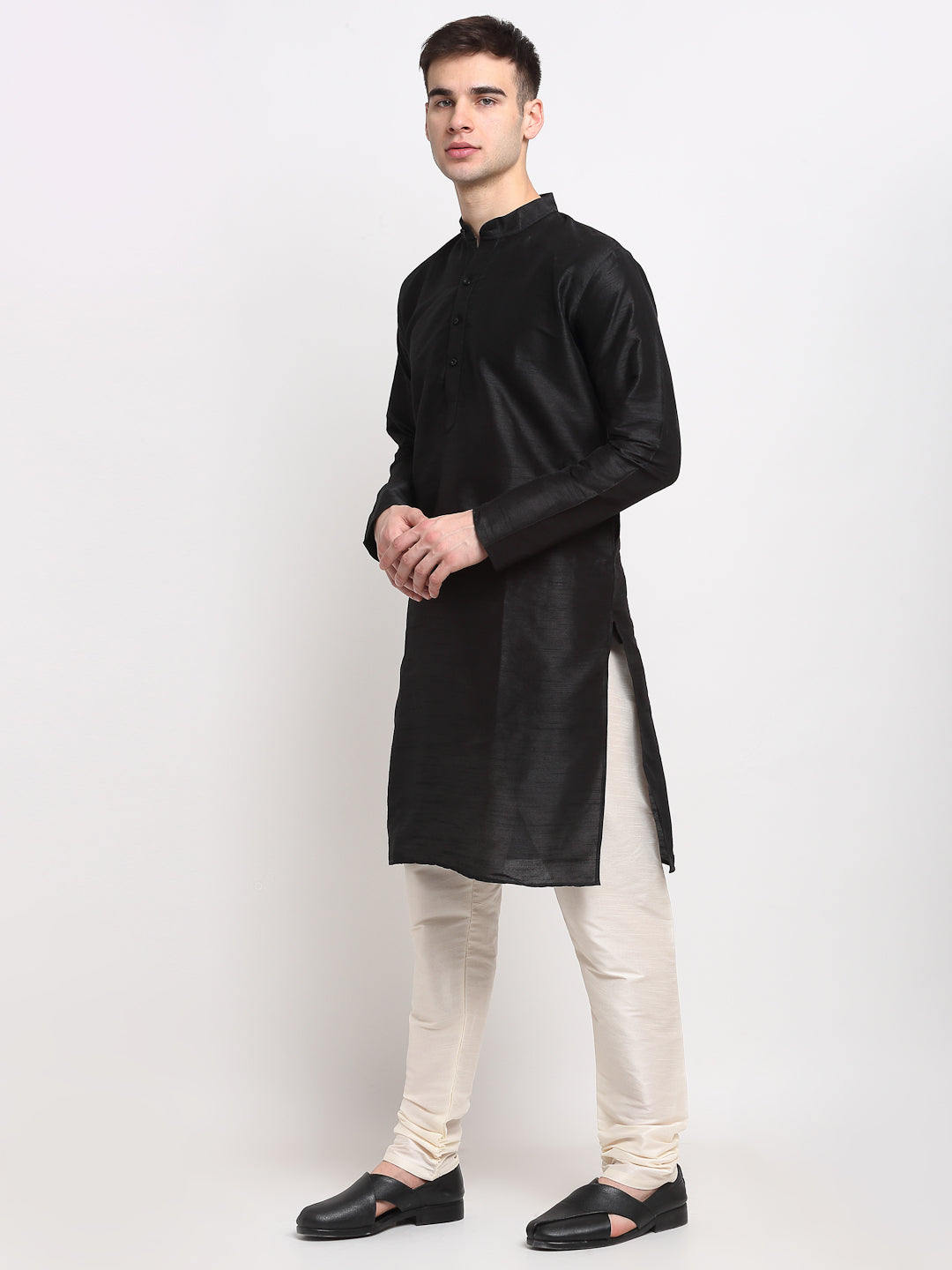 Jompers Men's Black Solid Dupion Silk Kurta Payjama Set ( JOKP 636Black )