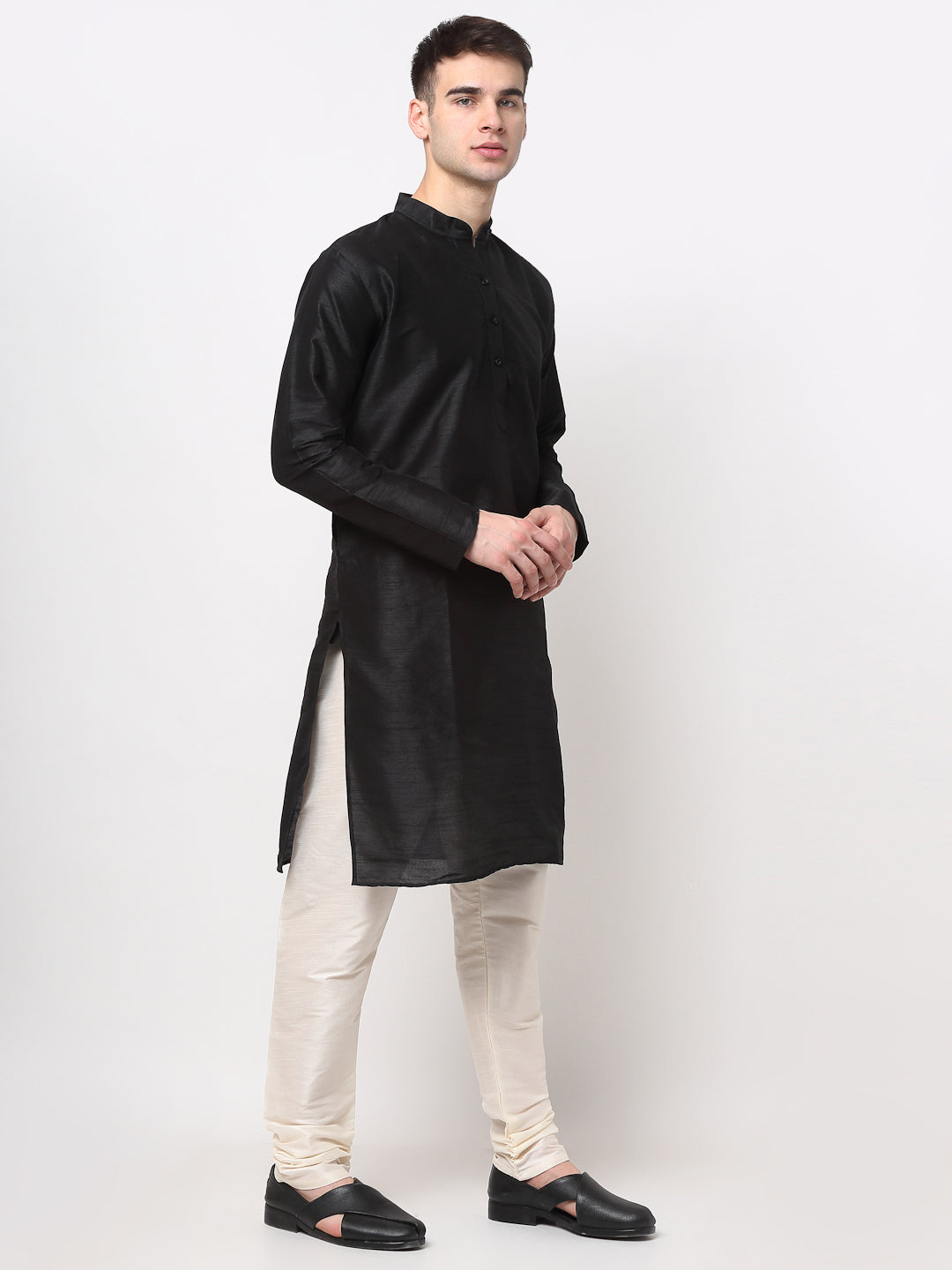 Jompers Men's Black Solid Dupion Silk Kurta Payjama Set ( JOKP 636Black )