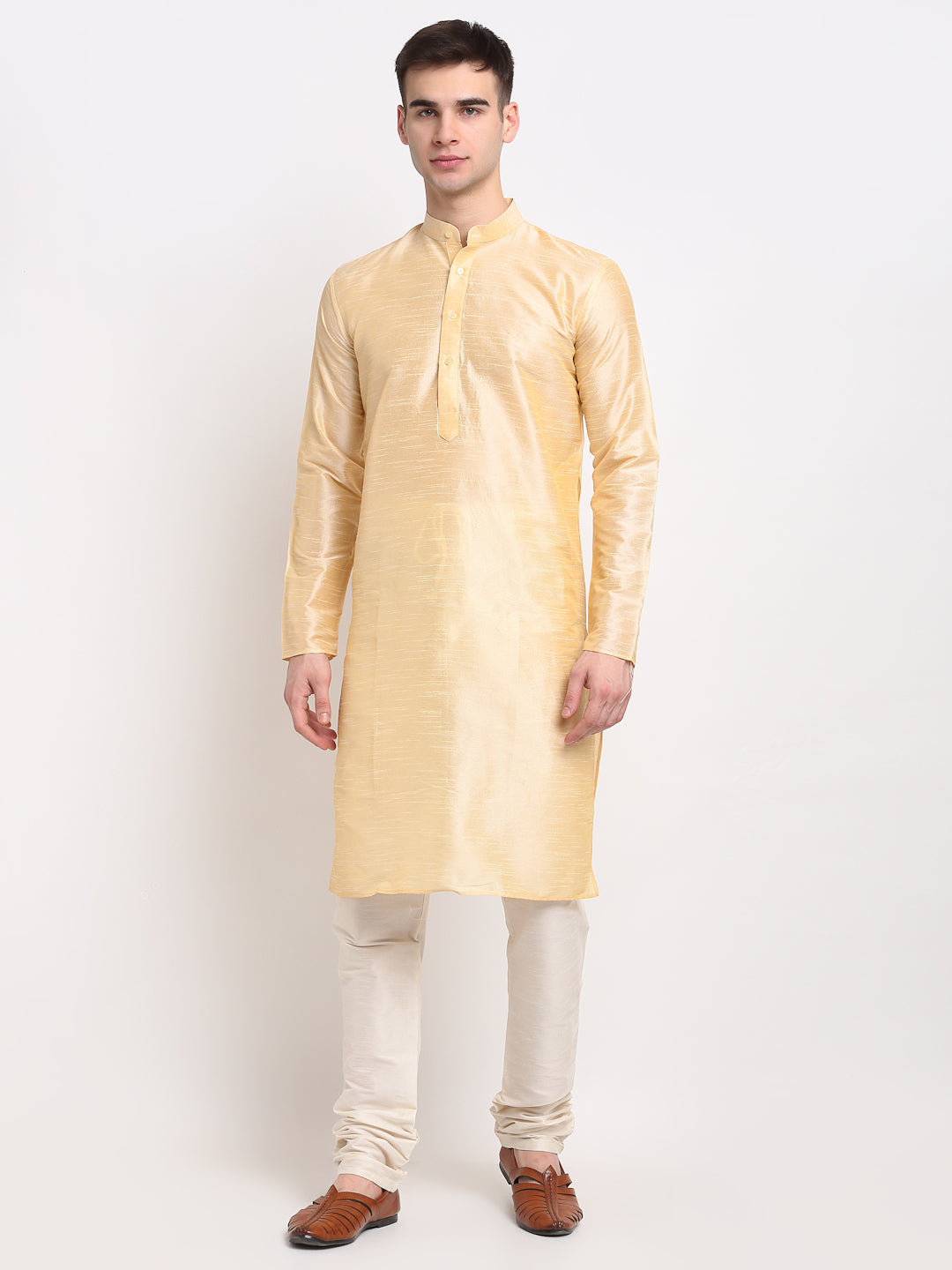 Jompers Men's Golden Solid Dupion Silk Kurta Only ( KO 636Golden )