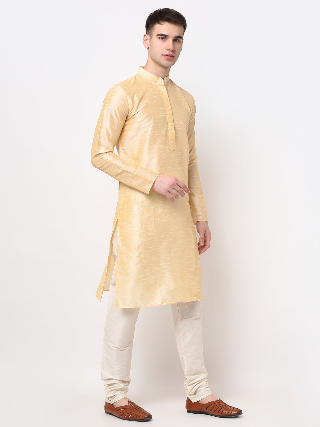 Jompers Men's Golden Solid Dupion Silk Kurta Only ( KO 636Golden )