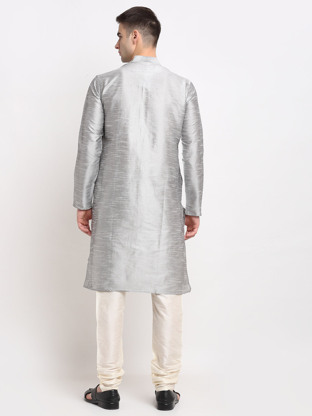 Jompers Men's Silver Solid Dupion Silk Kurta Payjama Set ( JOKP 636Silver )