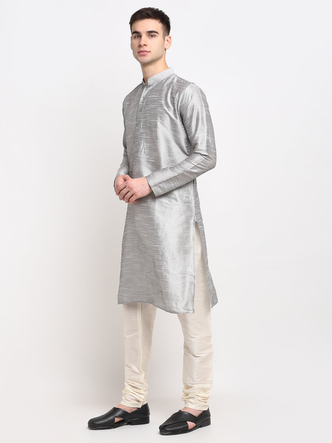 Jompers Men's Silver Solid Dupion Silk Kurta Payjama Set ( JOKP 636Silver )