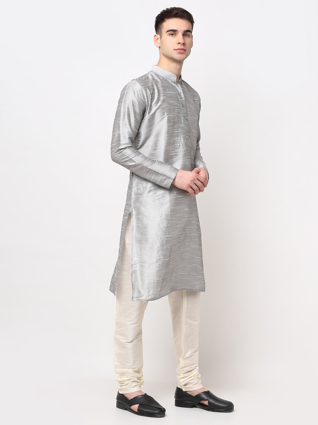 Jompers Men's Silver Solid Dupion Silk Kurta Payjama Set ( JOKP 636Silver )