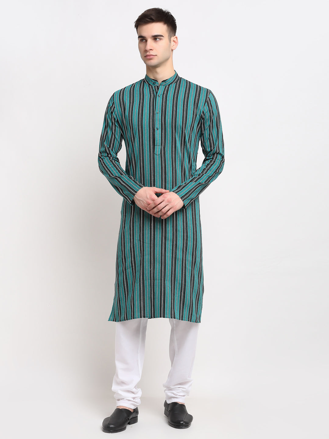 Jompers Men's Green Cotton Striped Kurta Payjama Sets ( JOKP 643Green )