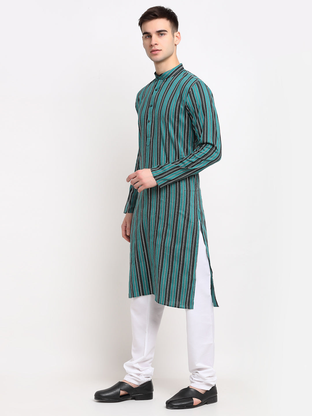 Jompers Men's Green Cotton Striped Kurta Payjama Sets ( JOKP 643Green )
